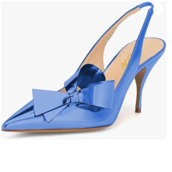 YDN Shoes - YDN Sky Blue Stiletto Heel Bow Pointed Toe Slingback Slip on Sandals Dress Shoes